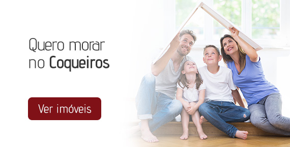 Casal com seus filhos em um novo lar, o texto à esquerda diz "Quero morar no Coqueiros ver imóveis"