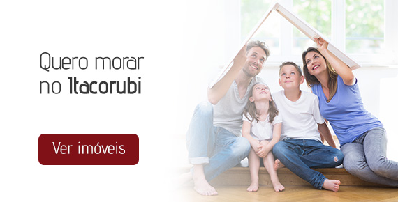 Casal com seus filhos em um novo lar, o texto à esquerda diz "Quero morar no Itacurubi: ver imóveis"