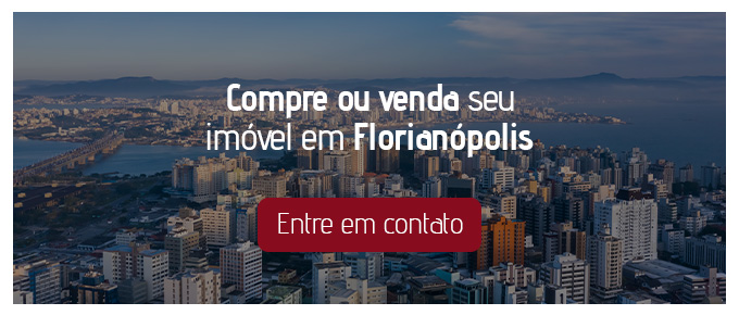 Imagem aérea da ilha de Florianópolis, com o texto sobreposto "Compre ou venda seu imóvel em Florianópolis: entre em contato"